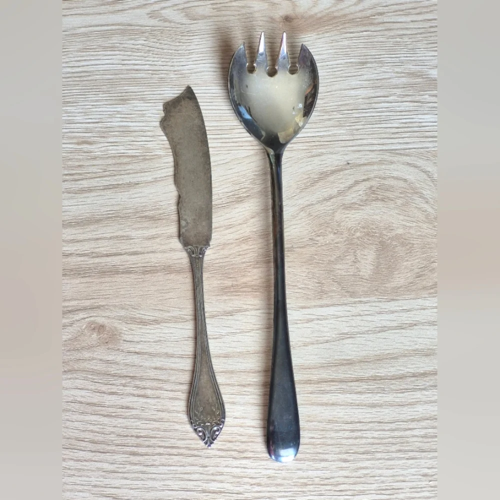 Vintage Silverplate Serving Salad Fork&Antique 1911 Silver Rose Butter Knife